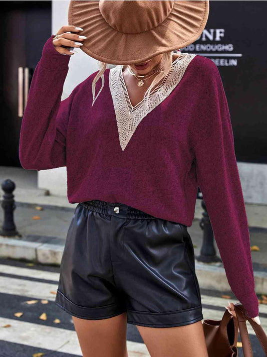 Lace Detail V-Neck Long Sleeve Top - Trendsi