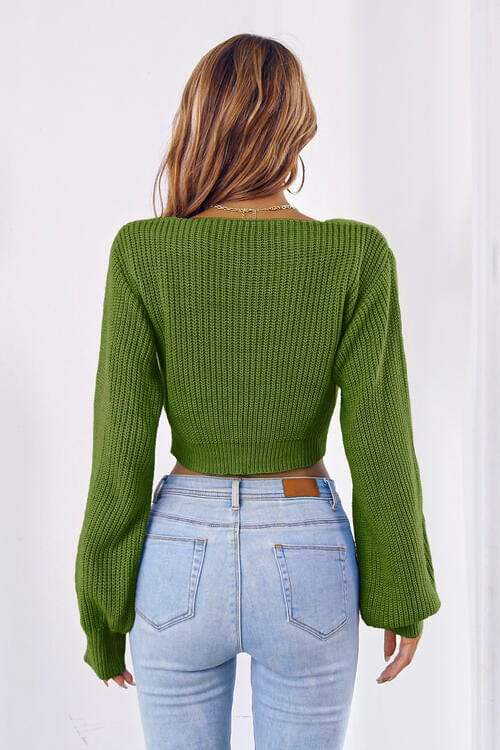 Bow V-Neck Long Sleeve Cropped Sweater - Trendsi - Flyclothing LLC