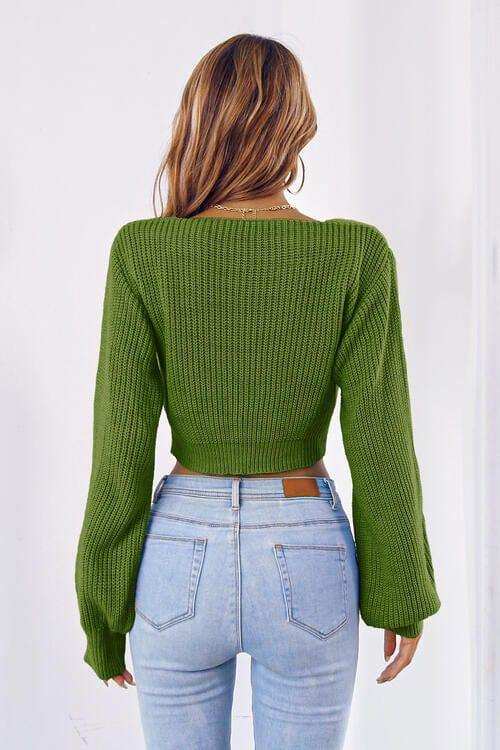 Bow V-Neck Long Sleeve Cropped Sweater - Trendsi - Flyclothing LLC