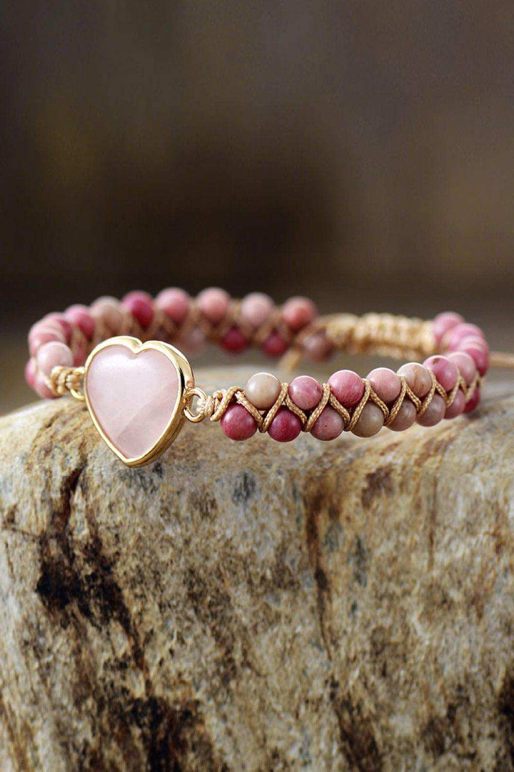 Rose Quartz Heart Beaded Bracelet - Trendsi - Flyclothing LLC