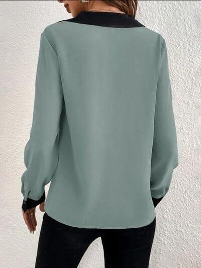 Contrast Trim V-Neck Long Sleeve Blouse - Trendsi