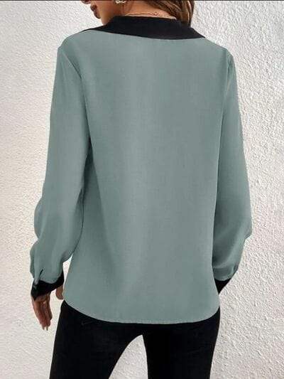 Contrast Trim V-Neck Long Sleeve Blouse - Trendsi - Flyclothing LLC