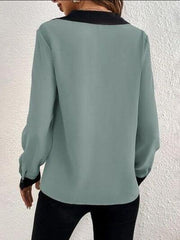 Contrast Trim V-Neck Long Sleeve Blouse - Trendsi