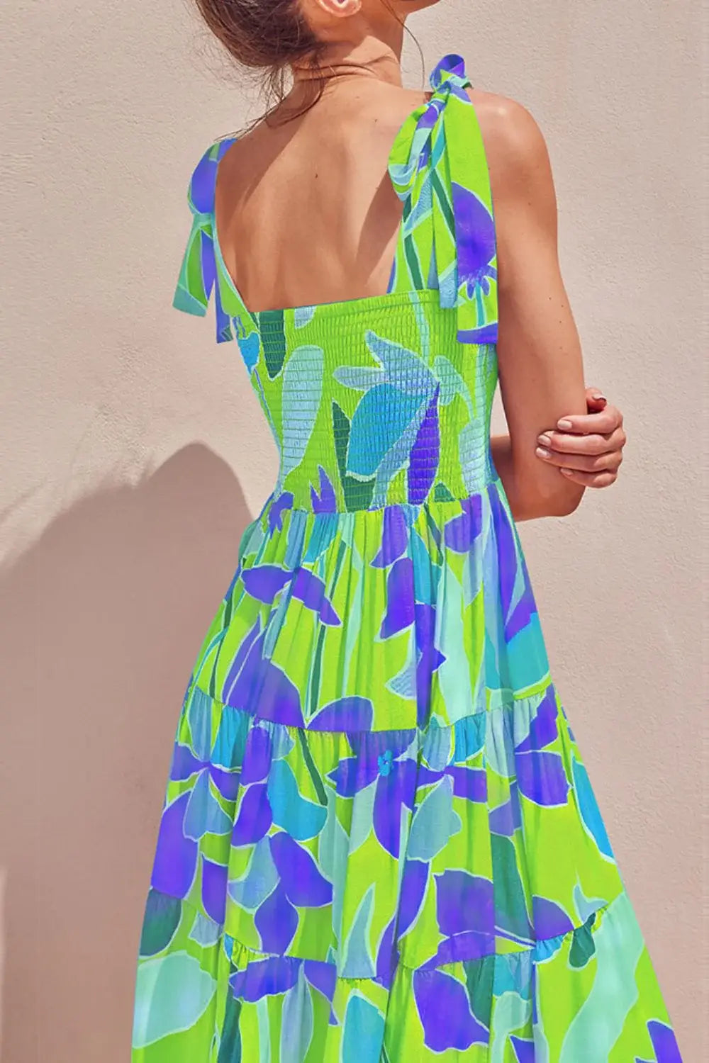 Floral Tie-Shoulder Smocked Midi Dress - Trendsi - Flyclothing LLC
