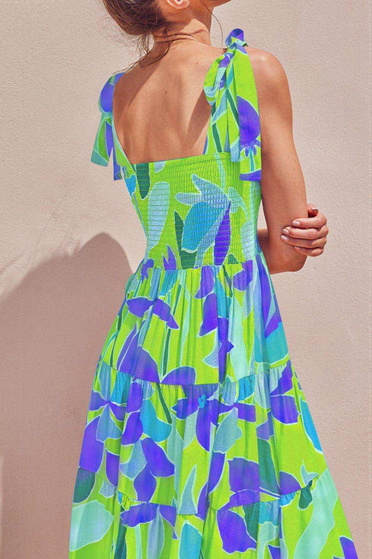 Floral Tie-Shoulder Smocked Midi Dress - Trendsi - Flyclothing LLC