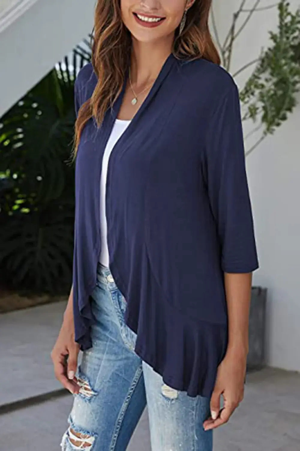 Open Front Ruffle Trim Cardigan - Trendsi - Flyclothing LLC