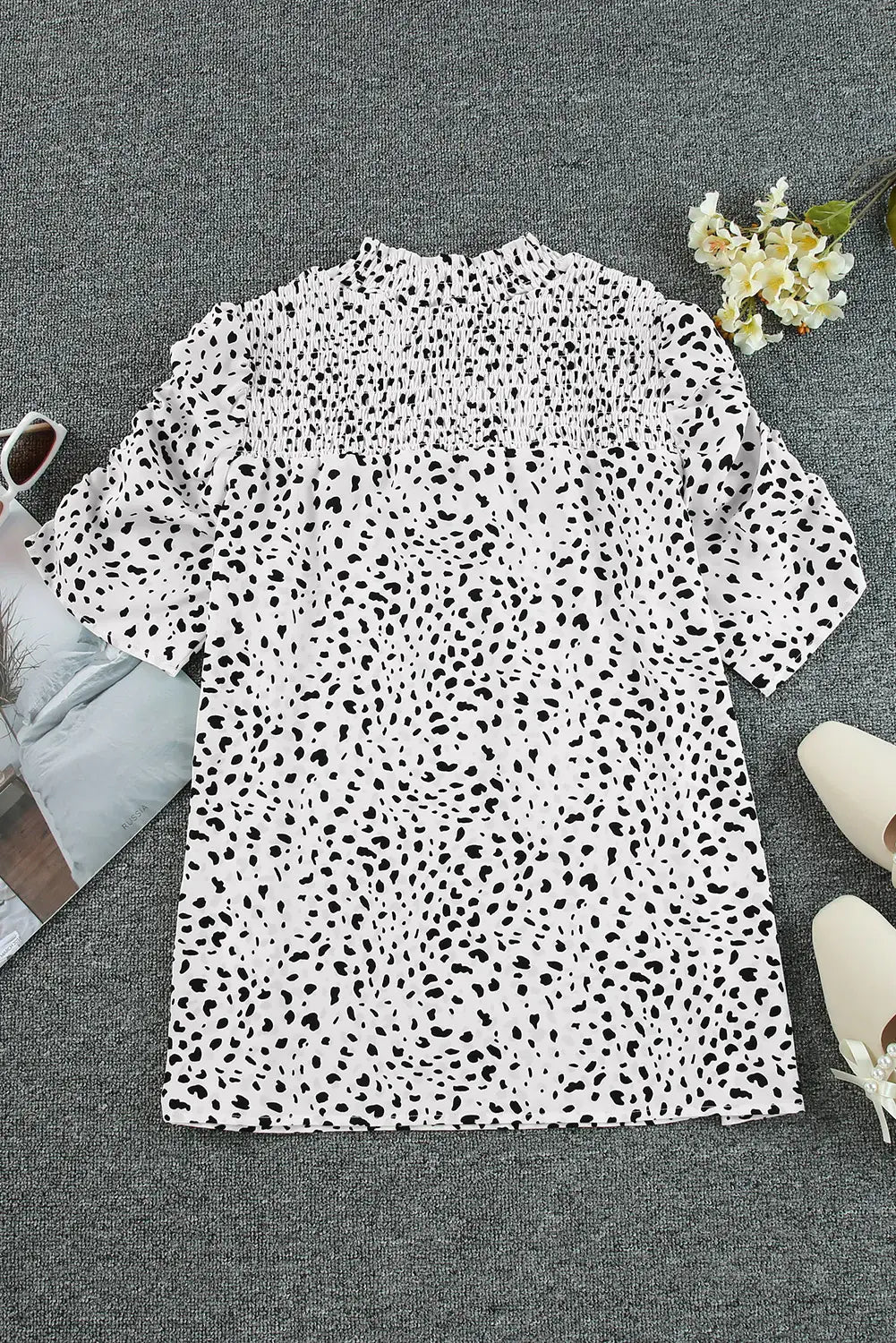 Printed Smocked Mock Neck Blouse - Trendsi - Flyclothing LLC