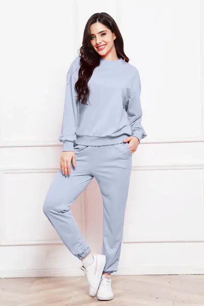 Round Neck Long Sleeve Sweatshirt and Pants Set - Trendsi - Flyclothing LLC