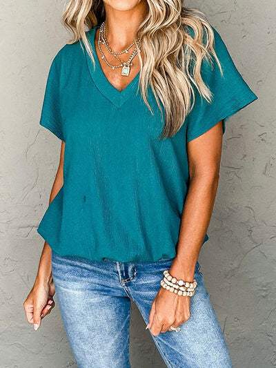 Textured V-Neck Short Sleeve T-Shirt - Trendsi - Flyclothing LLC