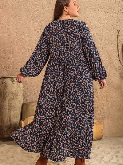 Plus Size Printed V-Neck Balloon Sleeve Dress - Trendsi - Flyclothing LLC