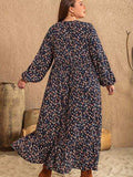 Plus Size Printed V-Neck Balloon Sleeve Dress - Trendsi - Flyclothing LLC