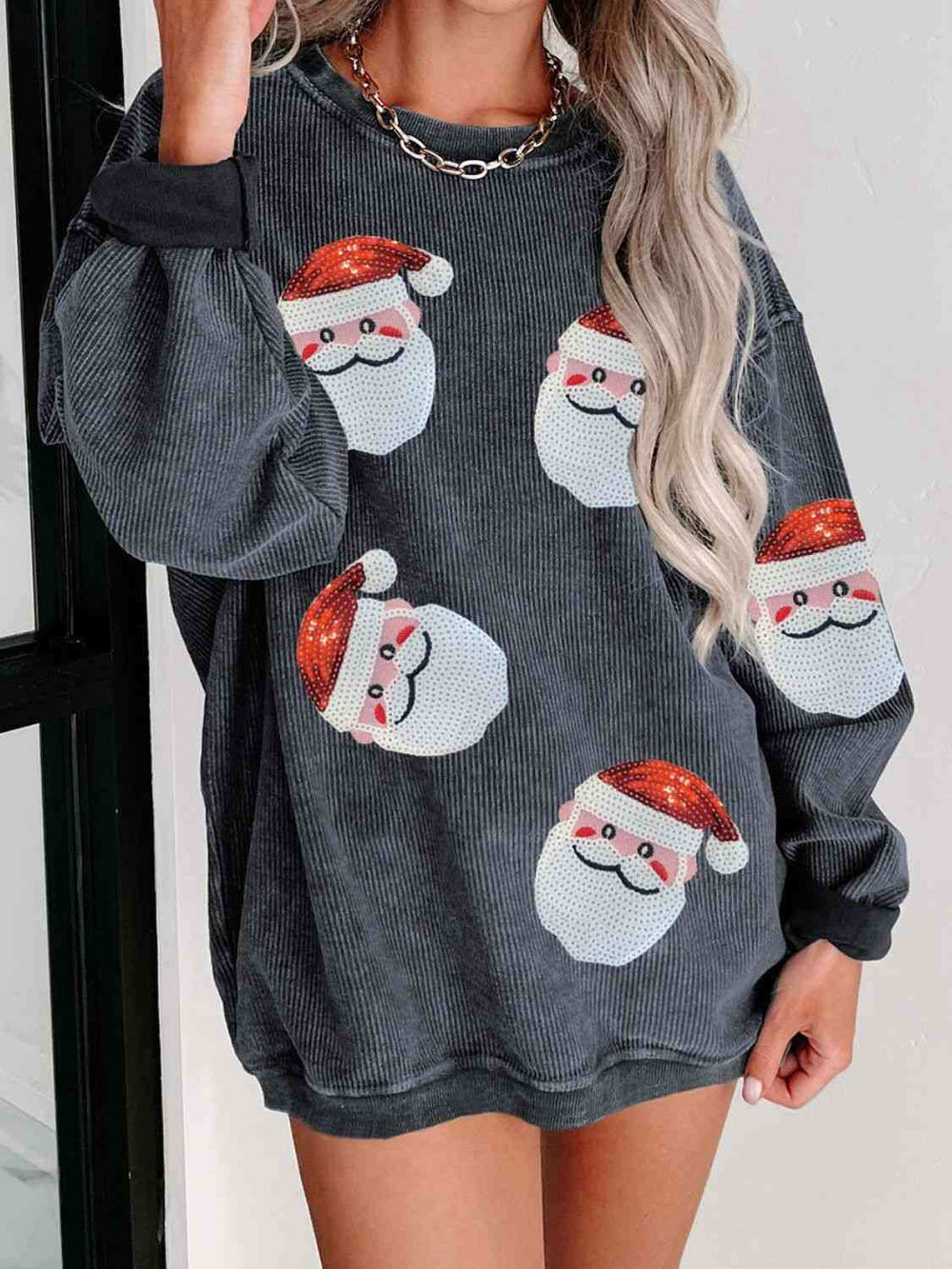 Sequin Santa Patch Ribbed Sweatshirt - Trendsi - Flyclothing LLC