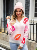 Lip V-Neck Drop Shoulder Sweater - Trendsi