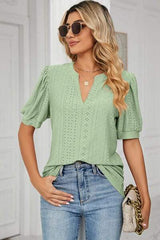 Eyelet Notched Short Sleeve T-Shirt - Trendsi - Flyclothing LLC