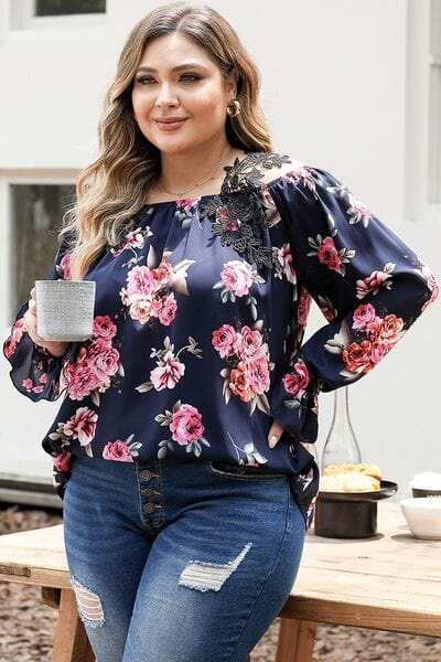 Plus Size Floral Flounce Sleeve Blouse - Trendsi - Flyclothing LLC
