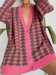 Houndstooth Button Up Long Sleeve Cardigan - Trendsi