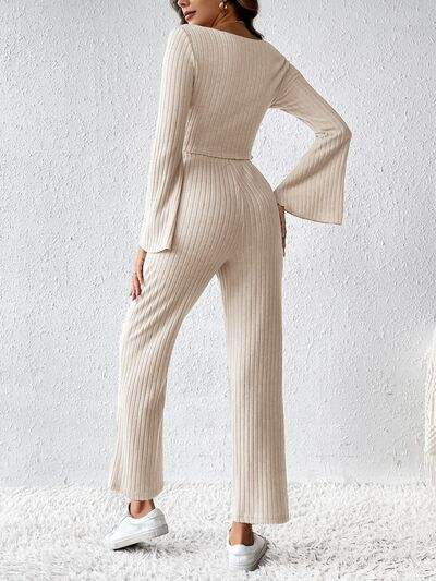 Ribbed Flare Sleeve Top and Pants Set - Trendsi - Flyclothing LLC