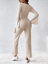 Ribbed Flare Sleeve Top and Pants Set - Trendsi - Flyclothing LLC
