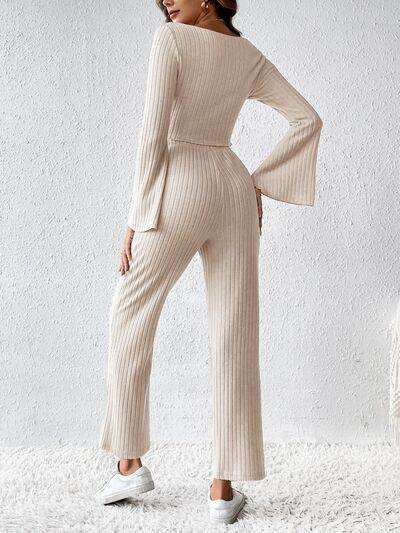 Ribbed Flare Sleeve Top and Pants Set - Trendsi - Flyclothing LLC