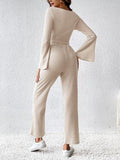 Ribbed Flare Sleeve Top and Pants Set - Trendsi