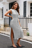 Round Neck Tie Belt Slit Sleeveless Sweater Dress - Trendsi - Flyclothing LLC