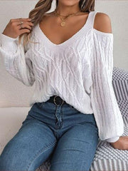 Cable-Knit Cold Shoulder Long Sleeve Sweater - Trendsi