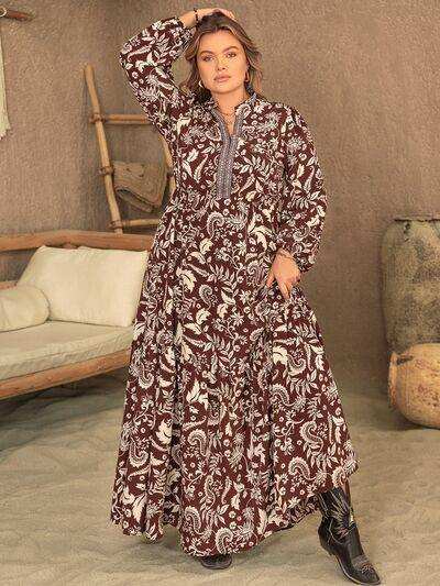 Plus Size Notched Balloon Sleeve Printed Maxi Dress - Trendsi - Flyclothing LLC