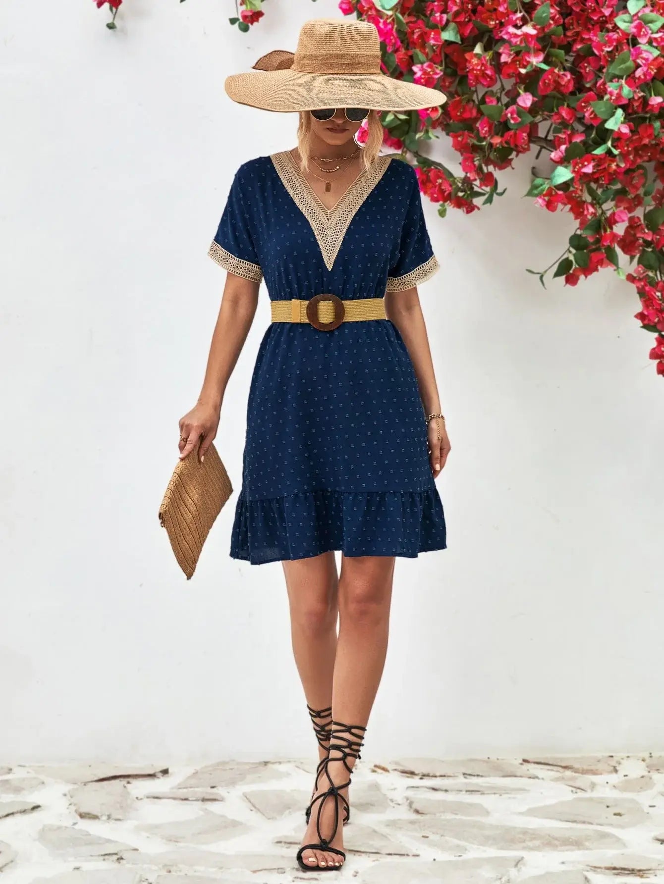 Contrast V-Neck Short Sleeve Mini Dress - Trendsi - Flyclothing LLC
