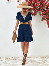 Contrast V-Neck Short Sleeve Mini Dress - Trendsi - Flyclothing LLC