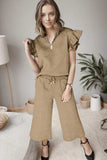 Ruffled Quarter Zip Top and Drawstring Pants Set - Trendsi - Flyclothing LLC