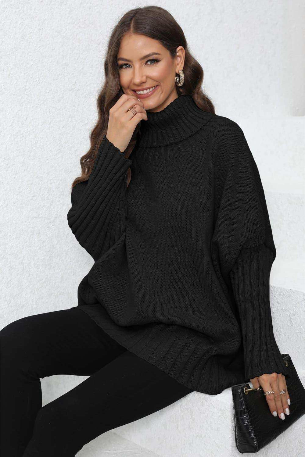 Turtle Neck Long Sleeve Ribbed Sweater - Trendsi - Flyclothing LLC
