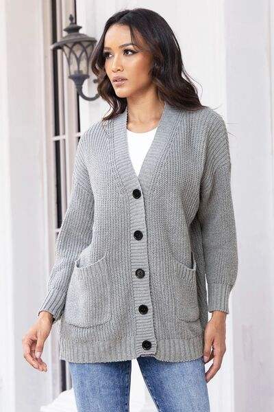 Button Up Long Sleeve Cardigan with Pockets - Trendsi - Flyclothing LLC