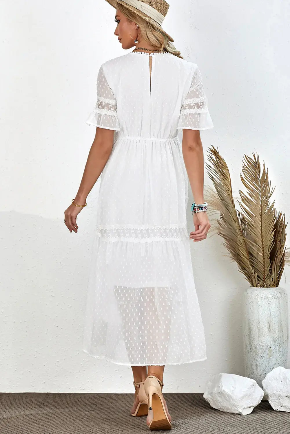 Swiss Dot V-Neck Short Sleeve Midi Dress - Trendsi - Flyclothing LLC