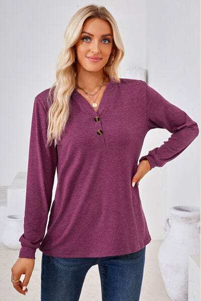 Notched Button Detail Long Sleeve T-Shirt - Trendsi - Flyclothing LLC