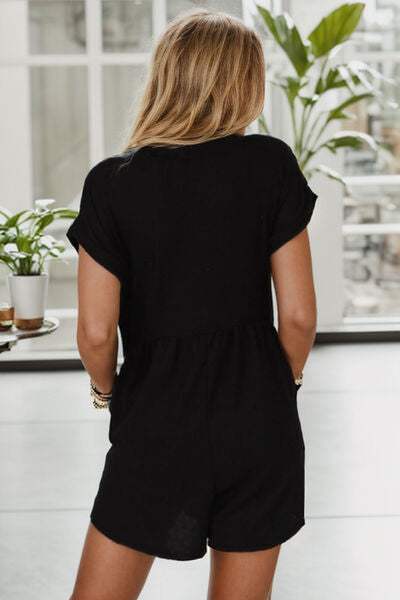 Pocketed V-Neck Short Sleeve Romper - Trendsi - Flyclothing LLC