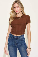 Basic Bae Full Size Ribbed Round Neck Short Sleeve T-Shirt - Trendsi - Flyclothing LLC