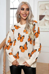 Butterfly Round Neck Long Sleeve Sweater - Trendsi