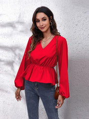 V-Neck Balloon Sleeve Peplum Blouse - Flyclothing LLC