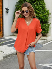 Ruched Short Sleeve V-Neck Blouse - Trendsi