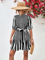 Striped Half Sleeve Tie Waist Mini Dress - Trendsi - Flyclothing LLC