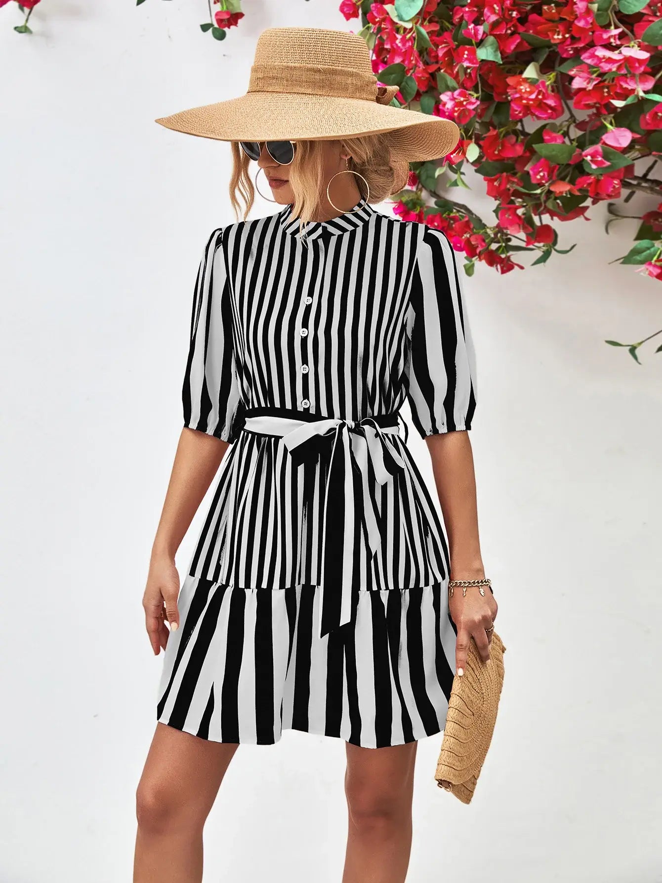 Striped Half Sleeve Tie Waist Mini Dress - Trendsi - Flyclothing LLC