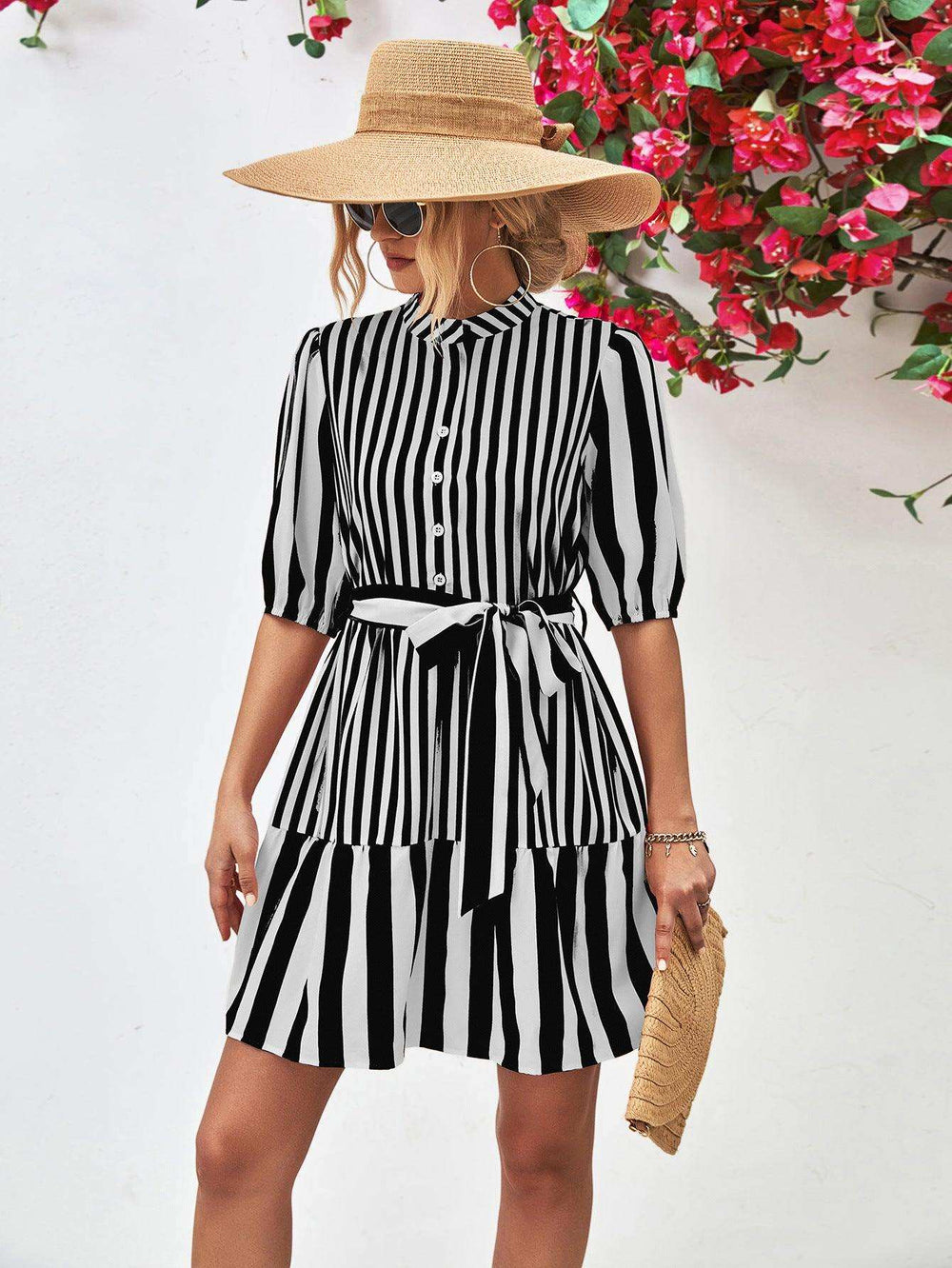 Striped Half Sleeve Tie Waist Mini Dress - Trendsi - Flyclothing LLC