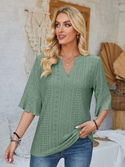 Eyelet Notched Half Sleeve T-Shirt - Trendsi - Flyclothing LLC