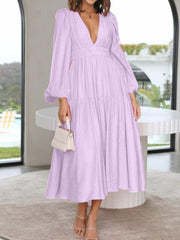 Deep V-Neck Balloon Sleeve Plain Maxi Dress - Trendsi