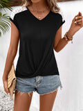 Spliced Lace V-Neck Twisted Hem Tee - Trendsi - Flyclothing LLC