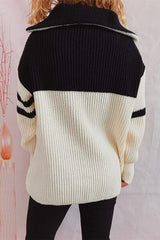 Quarter Zip Striped Dropped Shoulder Sweater - Trendsi
