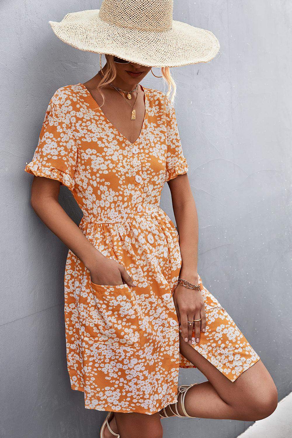 Printed Button down Pocketed Dress - Trendsi - Flyclothing LLC