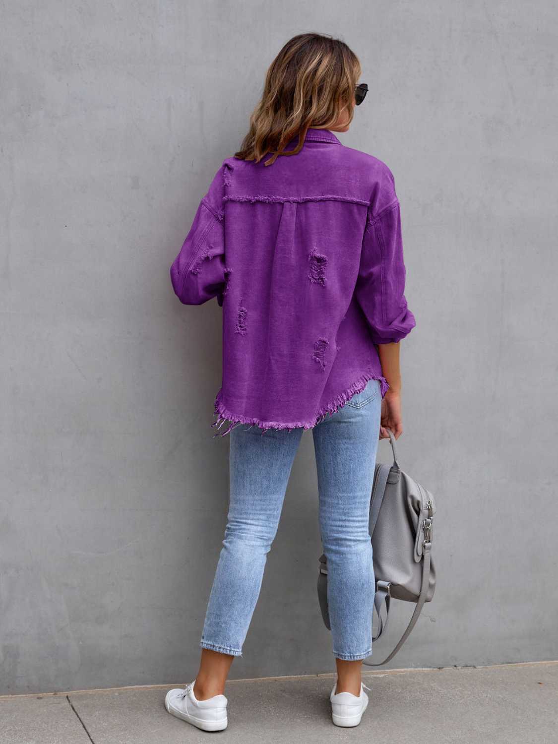 Distressed Drop Shoulder Denim Jacket - Trendsi - Flyclothing LLC