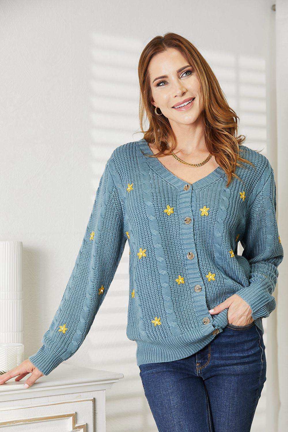 HEYSON Full Size Floral Embroidered Cable Cardigan - Trendsi - Flyclothing LLC