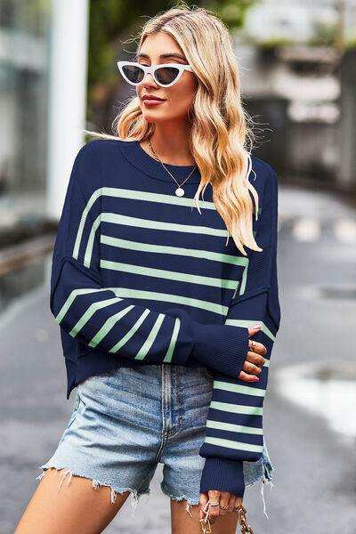 Striped Round Neck Drop Shoulder Slit Sweater - Trendsi - Flyclothing LLC